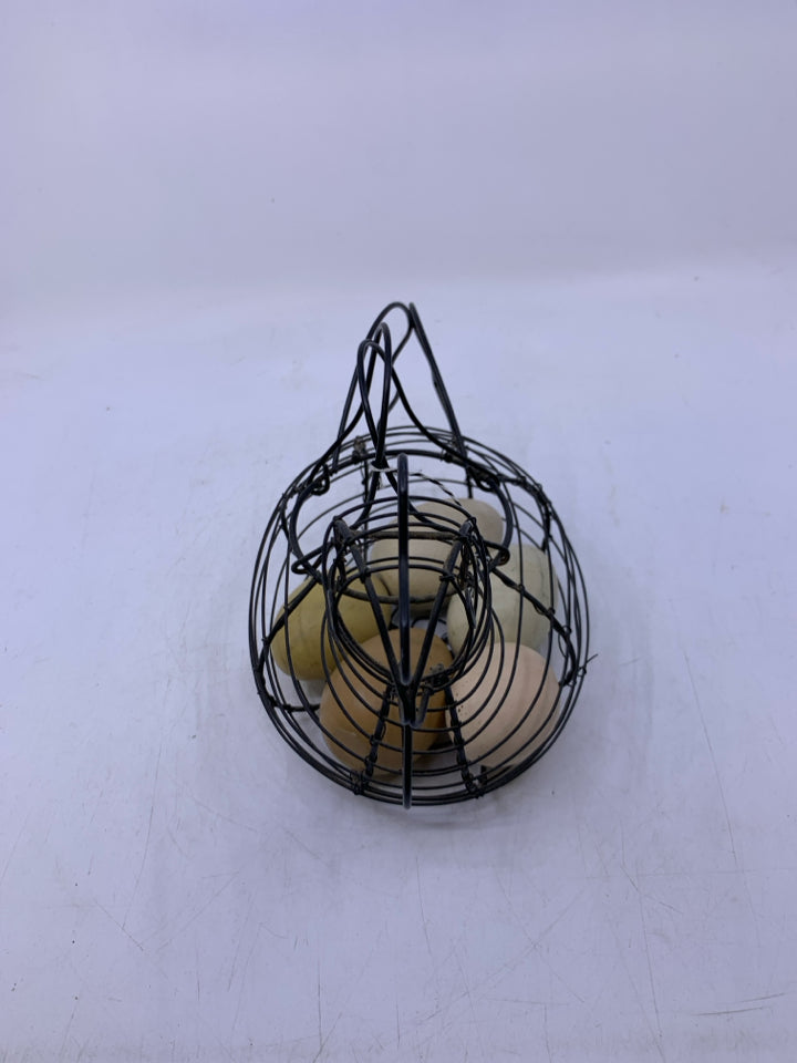 HEN SHAPED METAL BASKET W/ FAUX EGGS.