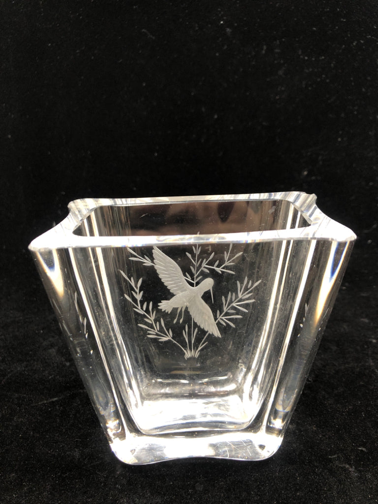 VTG SWEDISH GLASS VASE ETCHED BIRD.