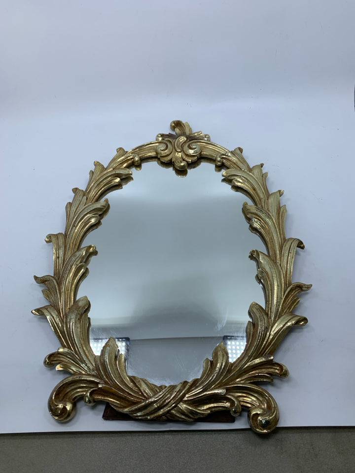 VTG BAROQUE STYLE ORNATE GOLD STANDING TABLE TOP VANITY MIRROR SYROCO WOOD.