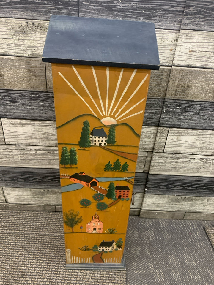 SMALL PRIMITIVE STYLE HOUSE SHAPED 4 SHELF CABINET PAINTED HOUSES/TREES.