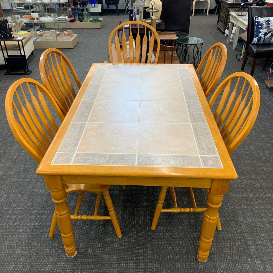 WOODEN TILE-TOP TABLE W/5 CHAIRS.