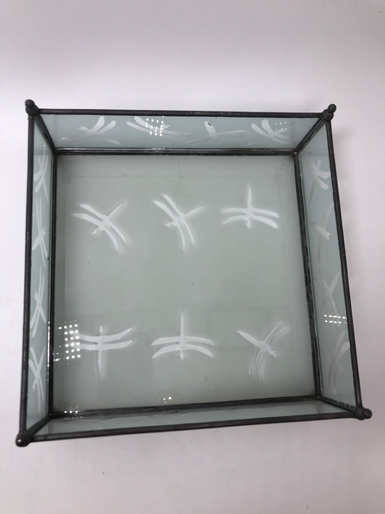 FROSTED GLASS BUTTERFLY TRAY W/SILVER FRAME.