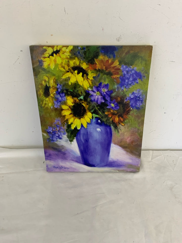 SUNFLOWERS AND PURPLE FLORAL IN BLUE VASE CANVAS WALL ART.