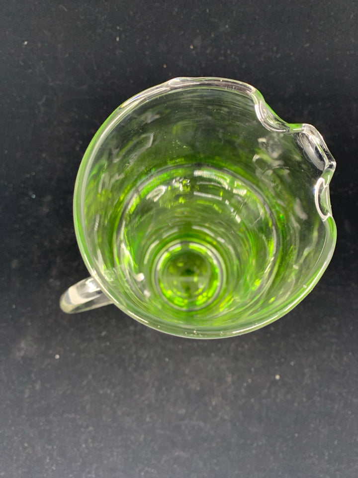 TALL CLEAR AND GREEN GLASS PITCHER W ICE LIP.