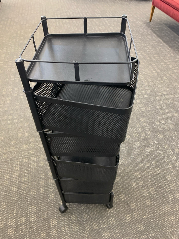 5-TIER BLACK ROLLING CART W/MOVING BINS.