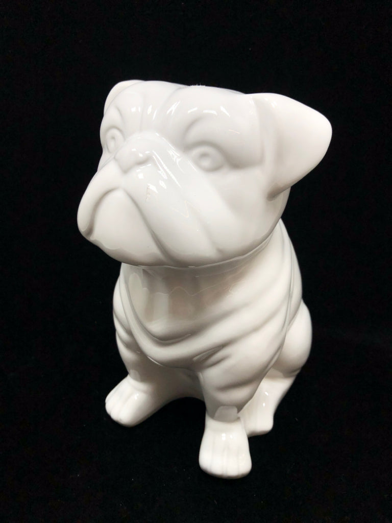 WHITE CERAMIC BULLDOG FIGURINE.