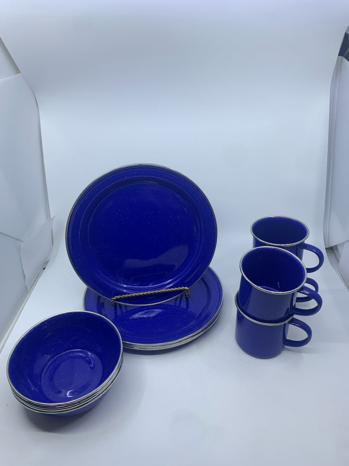 12 PC ENAMEL DISH SET BLUE SPECKLED- SVC 4.