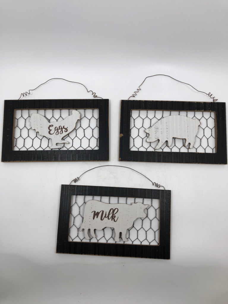 3PC RUSTIC "EGGS/MILK" WOODEN WALL HANGINGS.