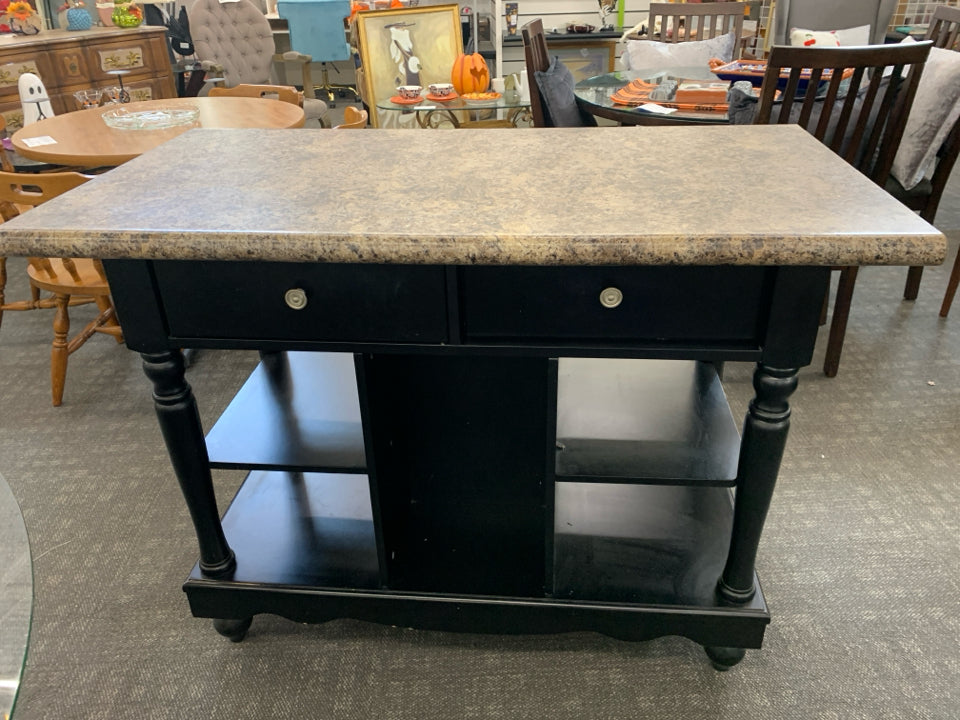 BLACK LEGS W/ MIKA GRANITE COUNTER ISLAND W/ 2 ALL THE WAY THROUGH DRAWERS/ SHEL