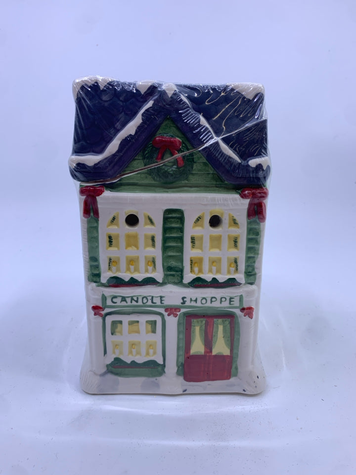 NIP CERAMIC CANDLE SHOPPE TEA LIGHT HOLDER YANKEE CANDLE + 3 SCENTS.