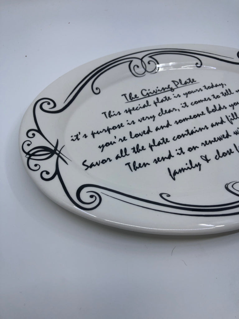 BLACK AND WHITE OVAL THE GIVING PLATE.