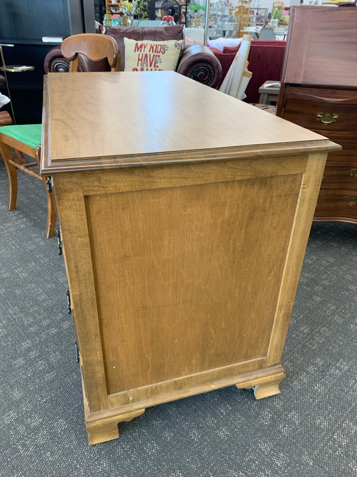 MADDOX VTG SOLID WOOD DESK + GREEN FABRIC CHAIR.