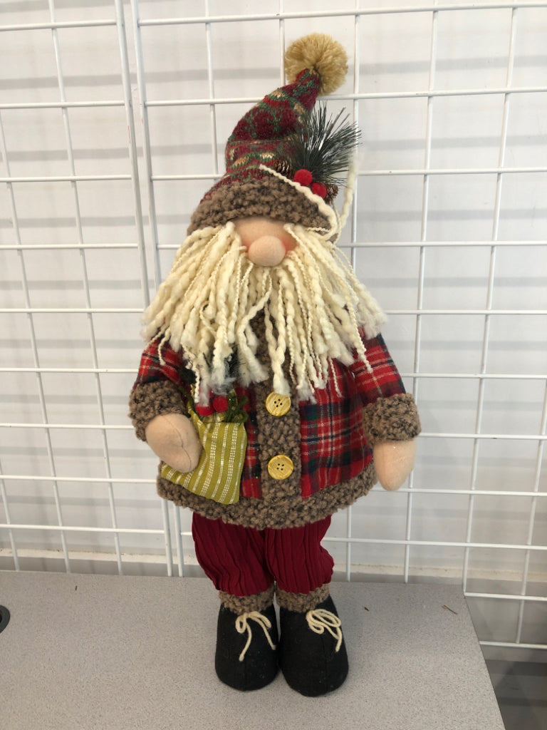 PLUSH STANDING SANTA W/WOOD BUTTONS.