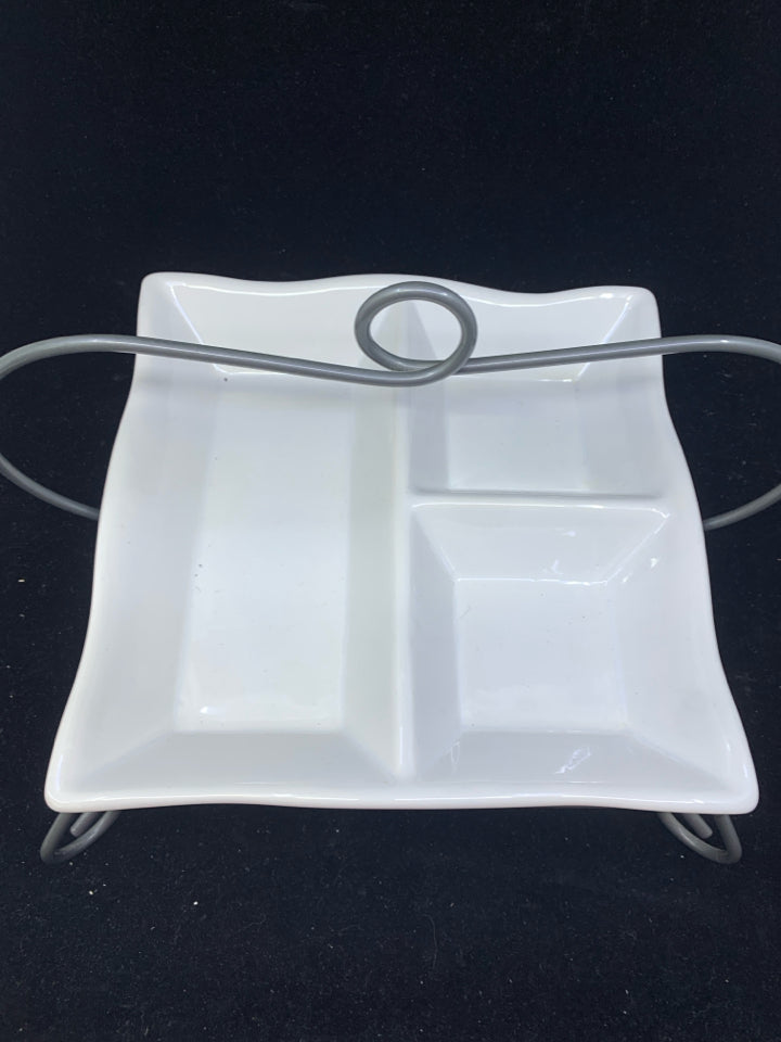 WHITE DIVIDED SQUARE DISH IN GREY METAL STAND W/ HANDLE.
