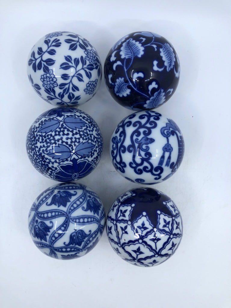 6 DECORATIVE BLUE & WHITE BALLS-ASSORTED DESIGNS.