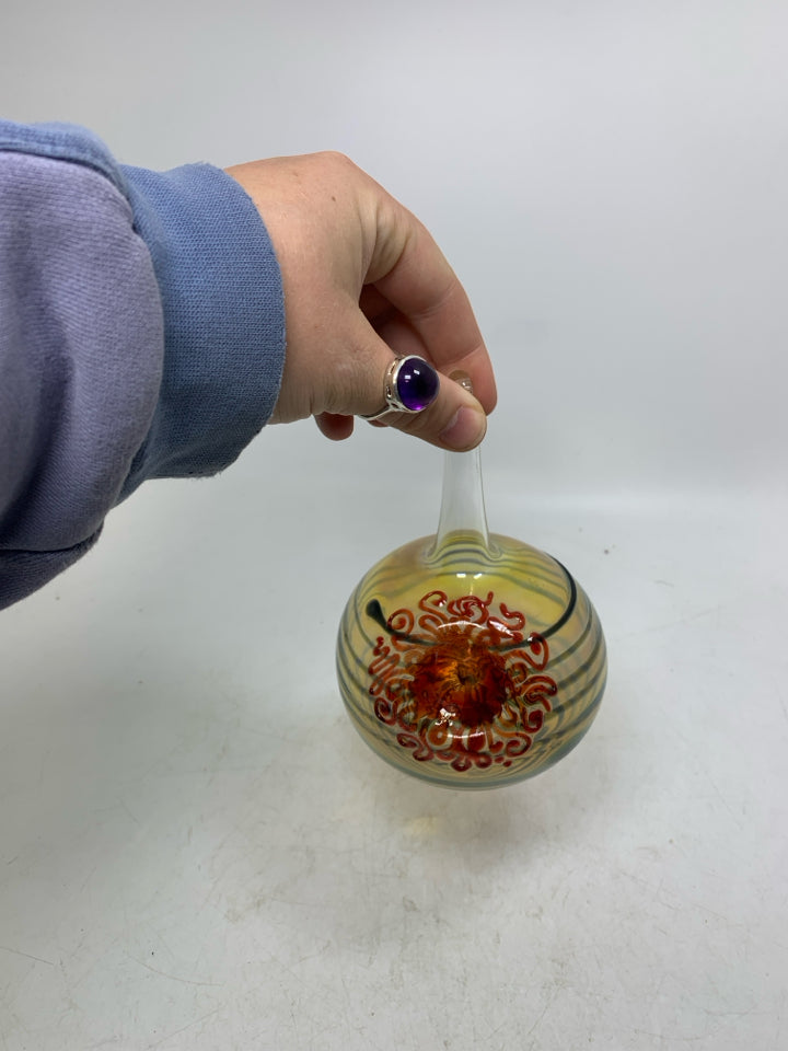 BLOWN GLASS ORB STRIPED W/ RED FLOWER IN CENTER  HANGING VASE/HUMMINGBIRD FEEDER