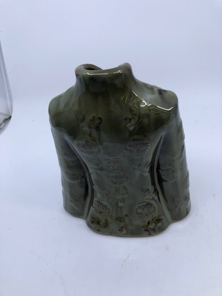 OLIVE GREEN JACKET SHAPED VASE.