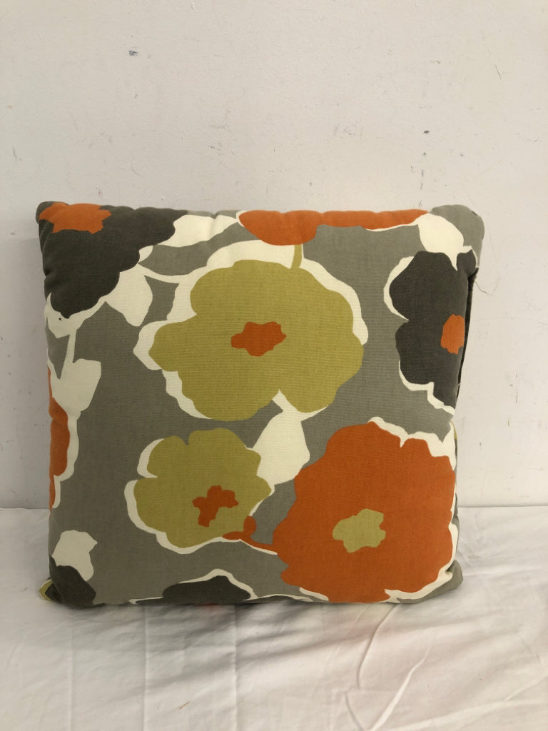 GREY AND ORANGE SQUARE PILLOW.