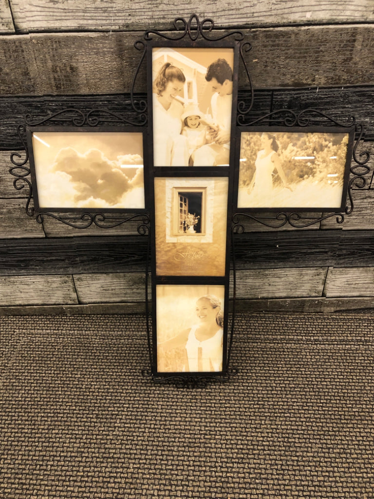 SCROLL METAL CROSS PICTURE FRAME W/ 5 SLOTS.