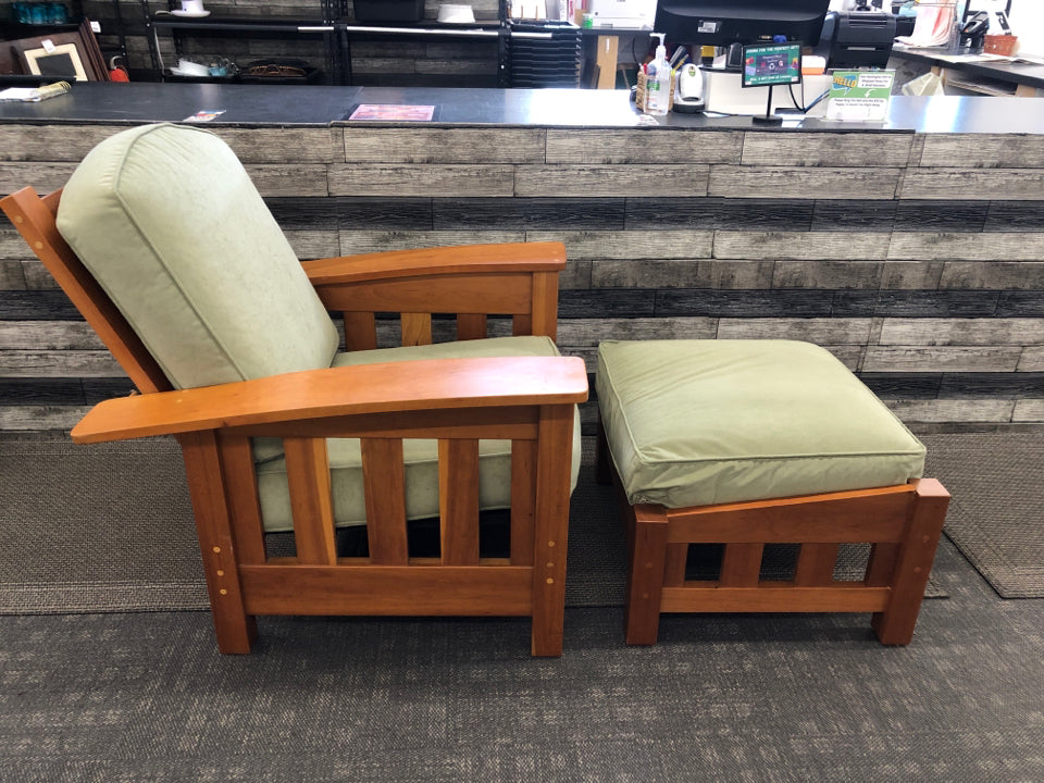 OAK WOOD W/ GREEN CUSHION POUCH CHAIR W/ OTTOMAN.