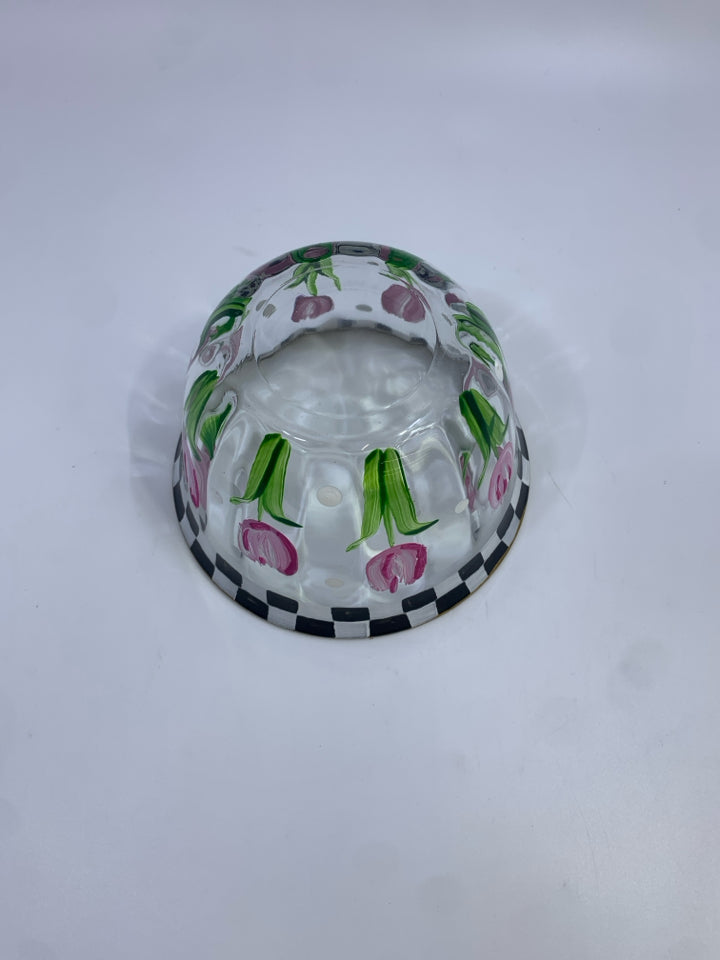 PINK TULIP & CHECKERED PAINTED GLASS BOWL.