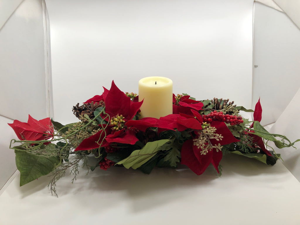 POINSETTIA & PINE LED CANDLE CENTERPIECE.