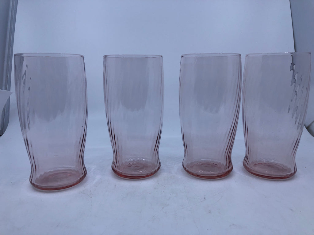 4 PINK SWIRLED GLASS WATER GLASSES.