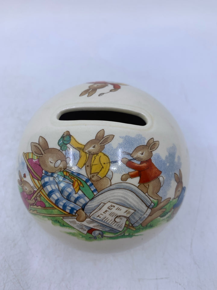 SMALL BUNNYKINS SPHERE IVORY COLORED VASE W/ BUNNIES TRYING TO WAKE UP FATHER FR