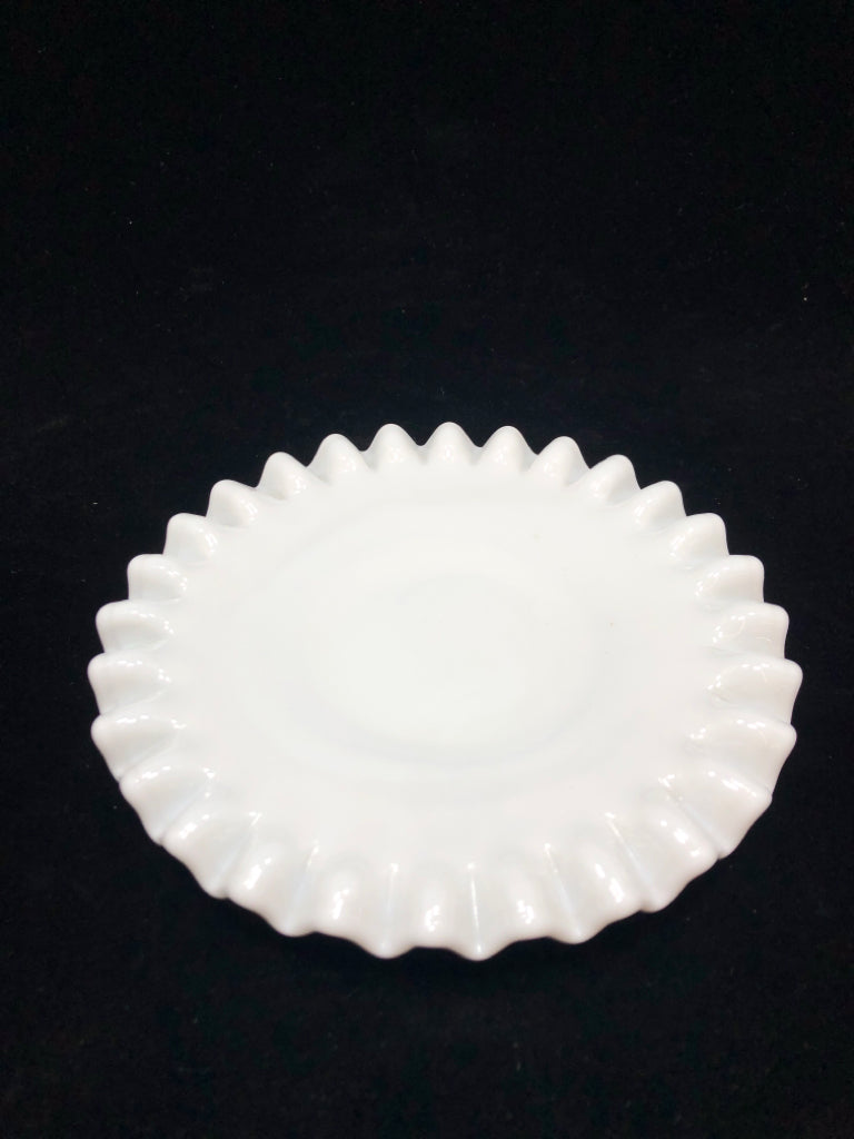 VTG RUFFLED EDGE HOBNAIL MILK GLASS CANDLE PLATE.