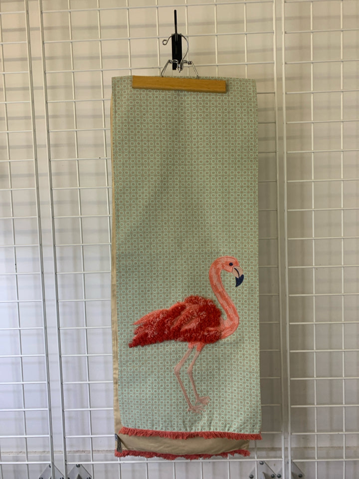 EMBOSSED FLAMINGO TABLE RUNNER W/ TEAL CIRCLES.