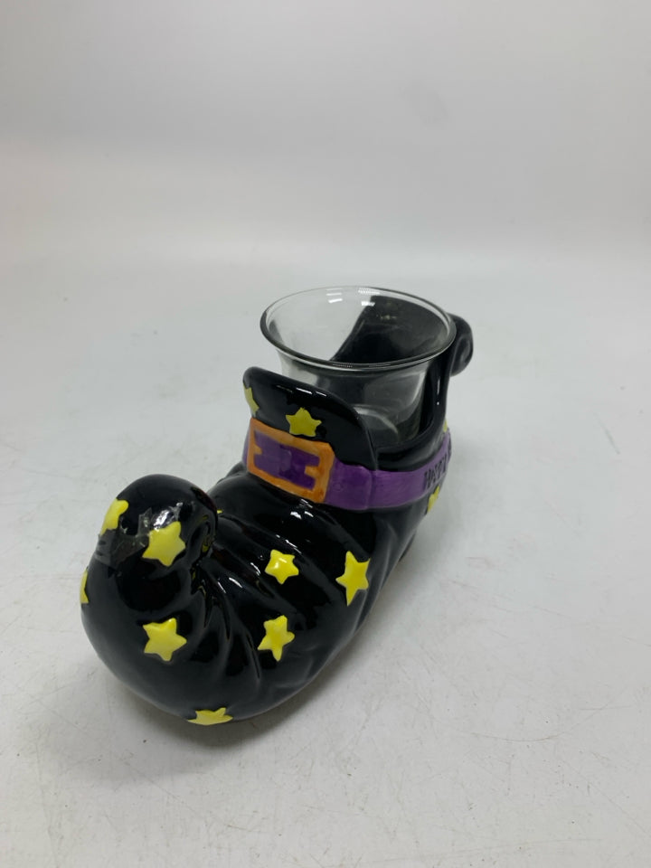 CERAMIC BLACK WITCH BOOT TEA LIGHT HOLDER.