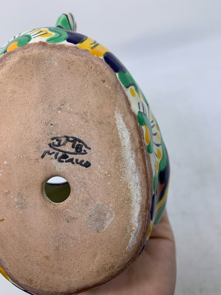 TERRA COTTA LAYING HEN W/ COLORFUL DESIGNS.