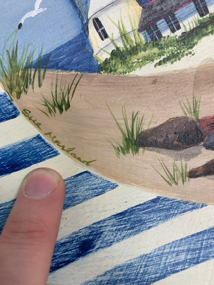 FOOTED WOOD BOWL W/ PAINTED LIGHT HOUSE BEACH SCENE SIGNED BY ARTIST.