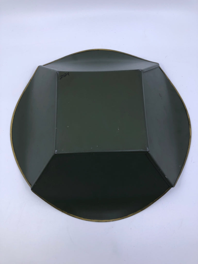 VTG GREEN METAL BOWL W FOLDED EDGED AND PAINTED STRAWBERRIES.