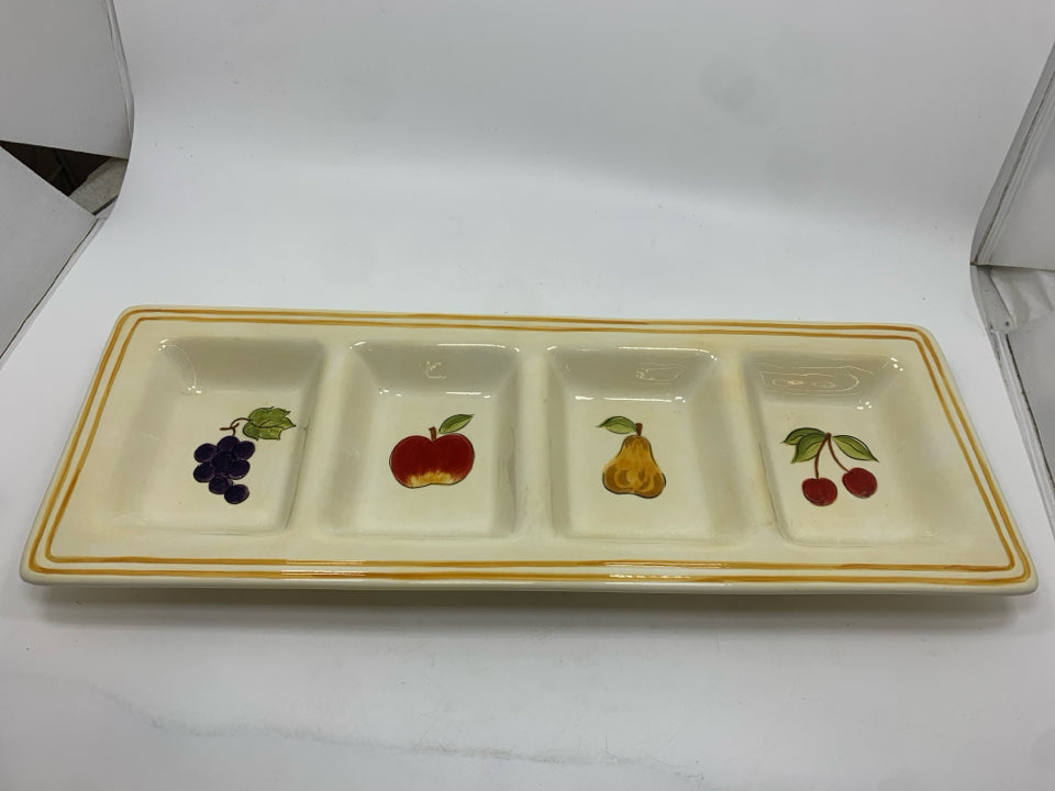 4 SPOT CERAMIC RELISH DISH W/FRUIT PATTERN.