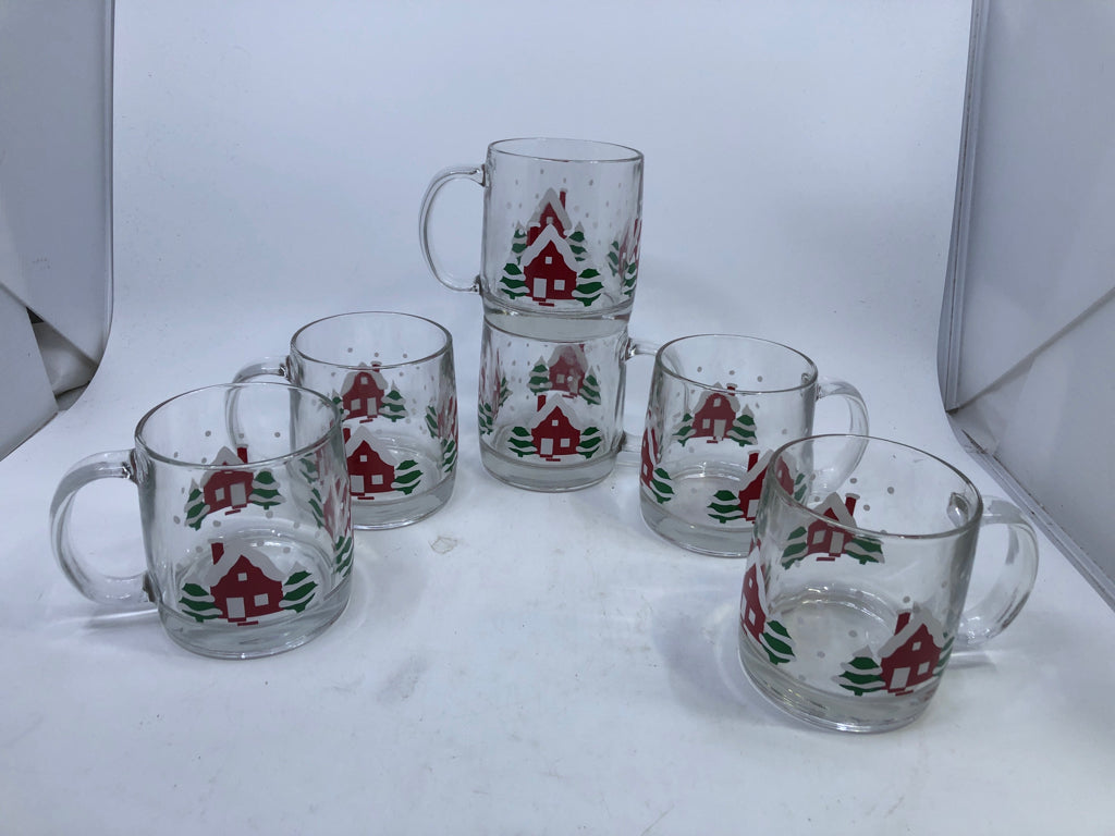 6 GLASS MUGS W/ RED HOUSE, TREES + SNOW.