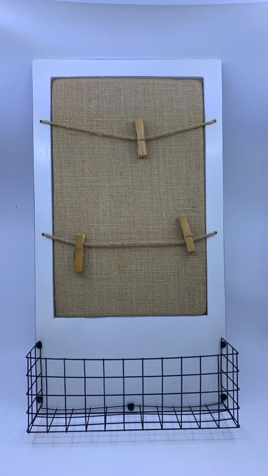 BURLAP PHOTO CLIP WALL HANGING W METAL BASKET.