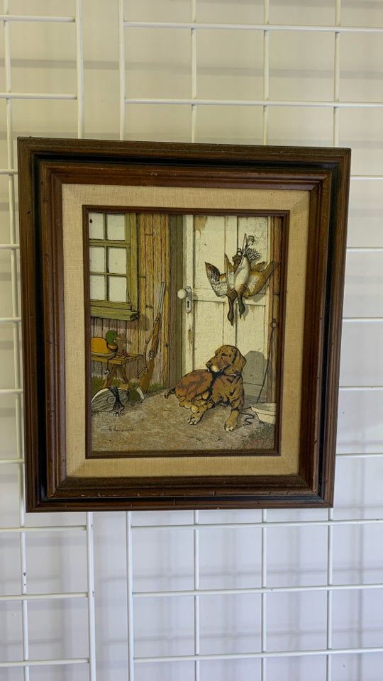 VTG DOG W GEESE IN WOOD FRAME WALL ART.