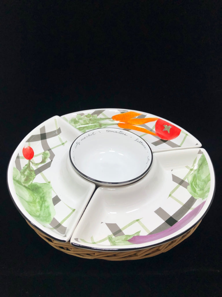 5PC VEGETABLE DIVIDED RELISH AND DIP SET W/BASKET TRAY.