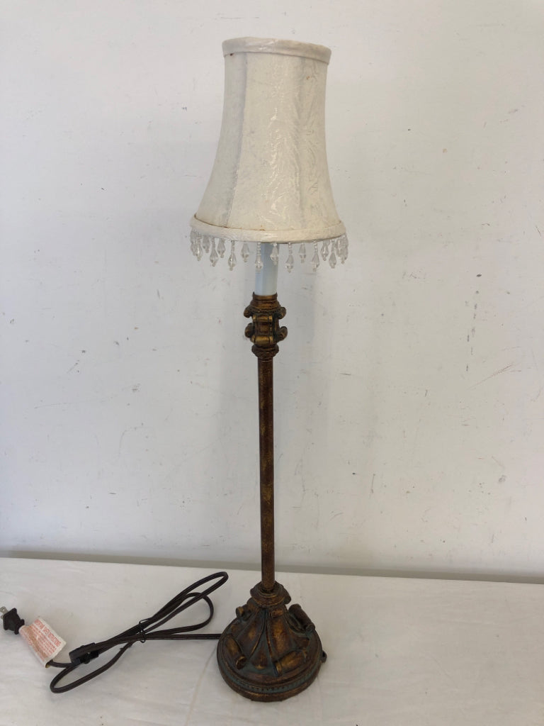 SKINNY METAL BASE LAMP W/WHITE SHADE HANGING BEADS.