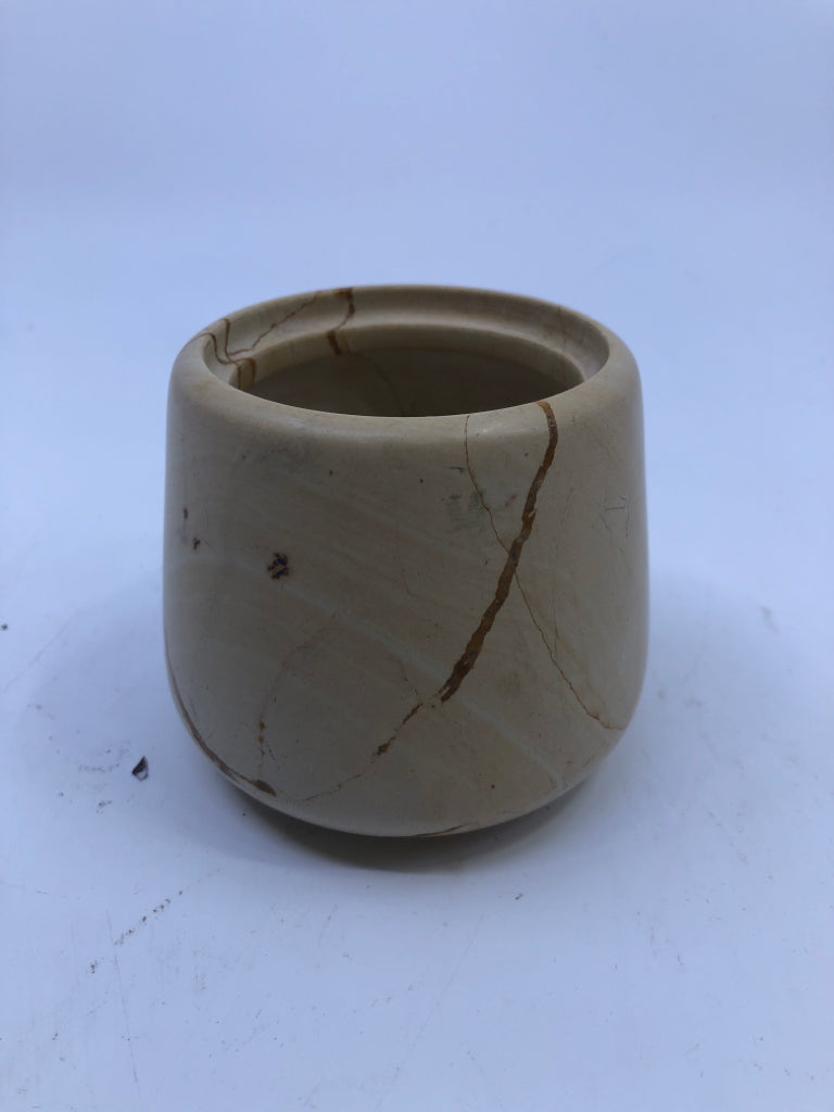 HEAVY TAN STONE SHORT VASE.