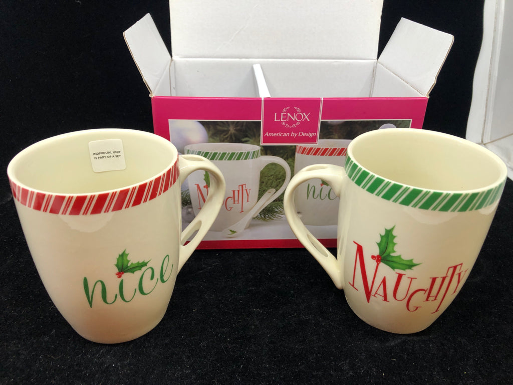 NIB 2 NAUGHTY/NICE MUGS W/ SPOONS LENOX.