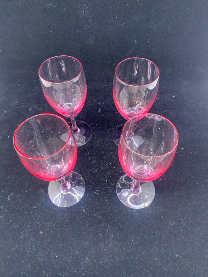 4 PINK GLASS WINE GLASSES.