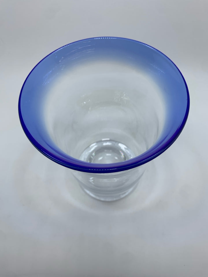 GLASS CANDLE HOLDER W/BLUE RIM.
