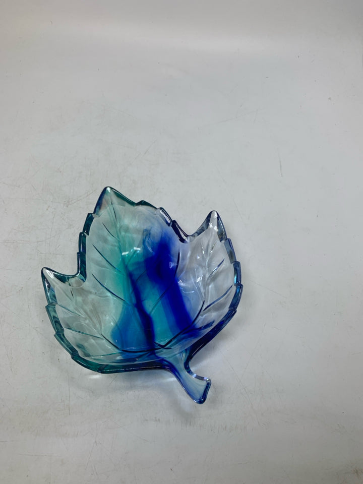GREEN/BLUE GLASS MAPLE LEAF SHAPED BOWL.