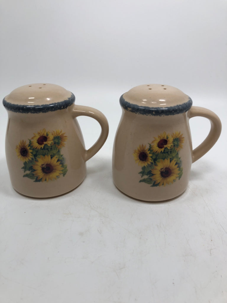 GARDEN PARTY STONEWARE SUNFLOWER SALT AND PEPPER SHAKERS.