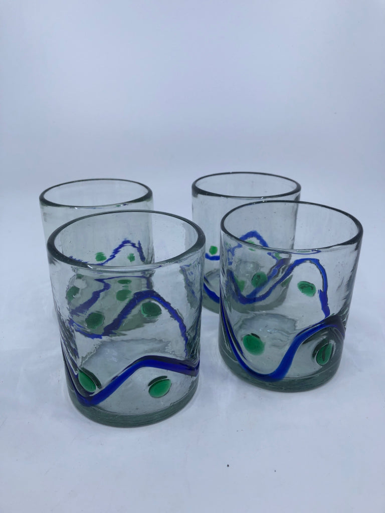 4 GREEN AND BLUE SHORT BLOWN GLASS GLASSES.