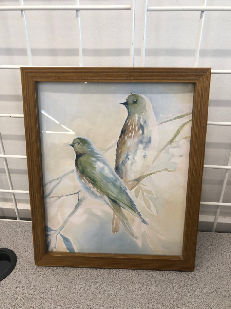 GREEN BIRDS WATERCOLOR IN BROWN FRAME.