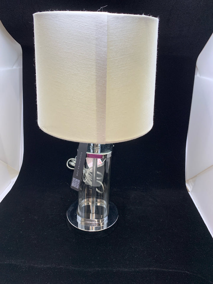 CLEAR/SILVER BASE LAMP W/WHITE SHADE.