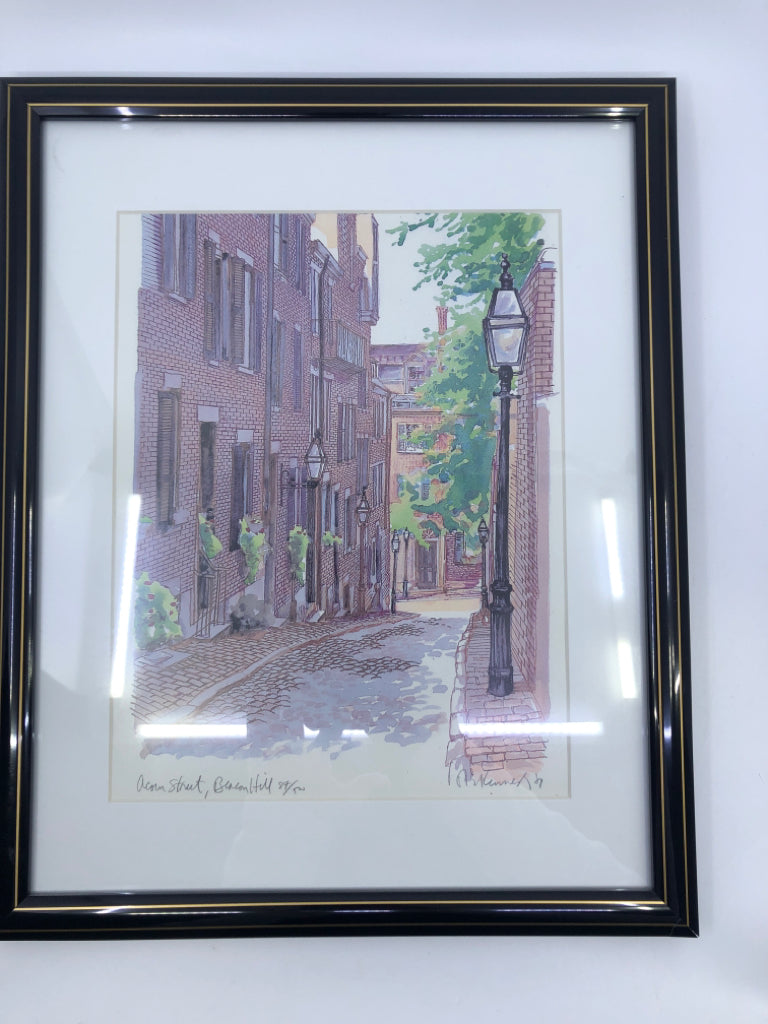 ACORN ST, BEACON HILL PRINT IN BLACK FRAME- SIGNED.